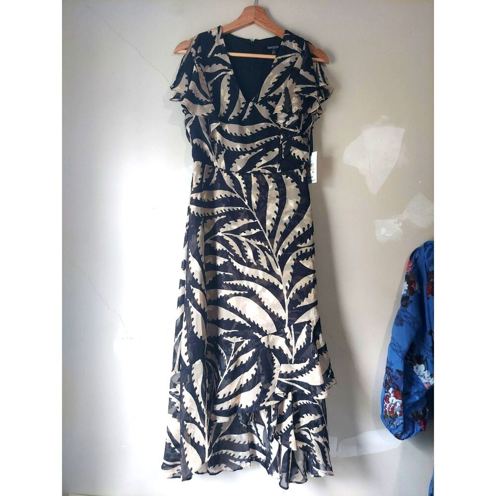 NWT Kensie Dress Ruffles Botanical Black & Cream Sheer Layered Maxi Dress Sz 2